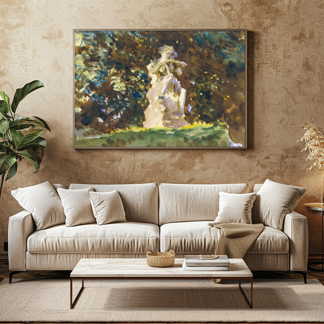 This serene artwork captures the timeless beauty of a stone figure nestled within a lush, green for Family Room