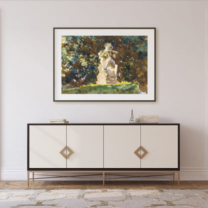This serene artwork captures the timeless beauty of a stone figure nestled within a lush, green for Foyer