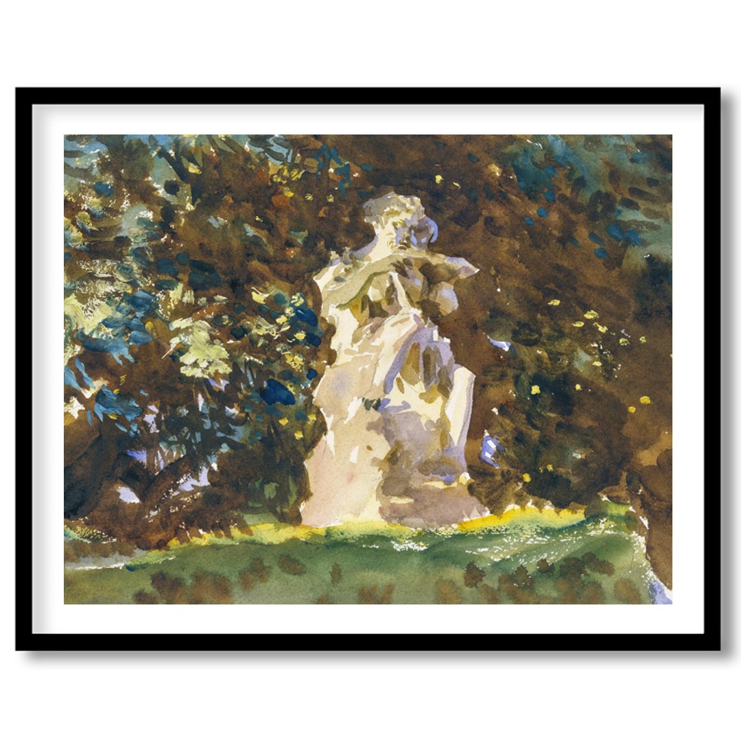 This serene artwork captures the timeless beauty of a stone figure nestled within a lush, green for kitchen