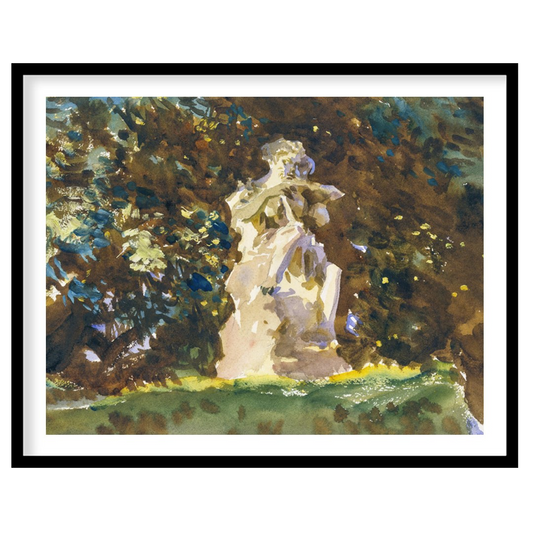 This serene artwork captures the timeless beauty of a stone figure nestled within a lush, green for kitchen