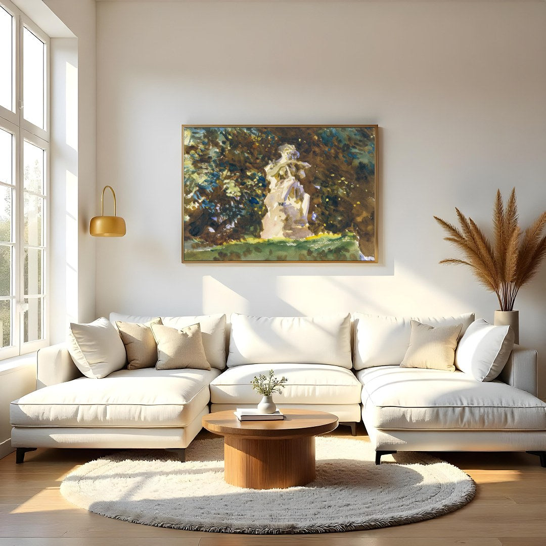 This serene artwork captures the timeless beauty of a stone figure nestled within a lush, green for Living Room