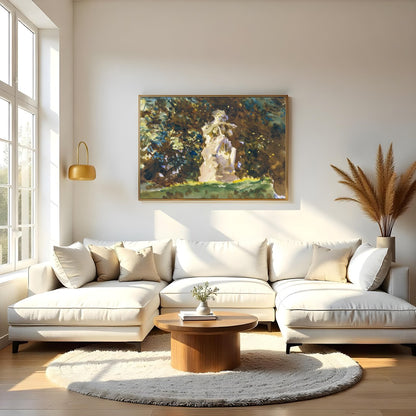 This serene artwork captures the timeless beauty of a stone figure nestled within a lush, green for Living Room