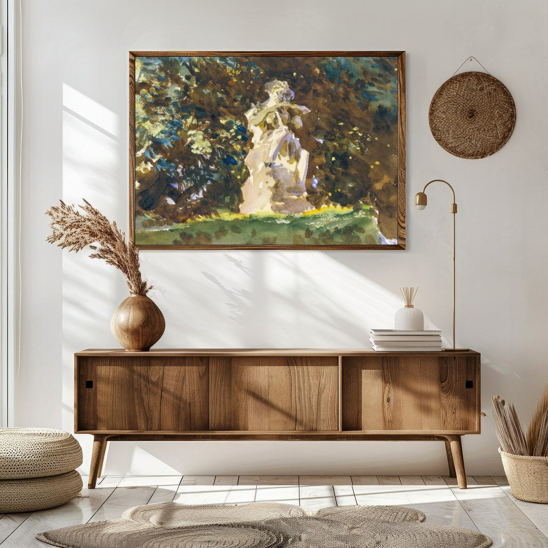This serene artwork captures the timeless beauty of a stone figure nestled within a lush, green for Sitting Area