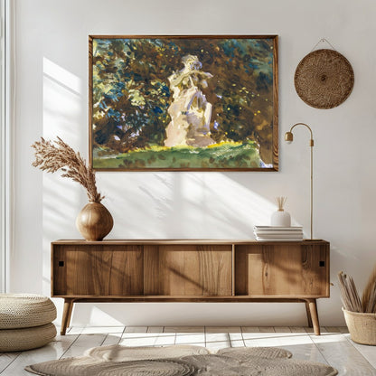 This serene artwork captures the timeless beauty of a stone figure nestled within a lush, green for Sitting Area