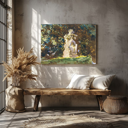 This serene artwork captures the timeless beauty of a stone figure nestled within a lush, green for Veranda