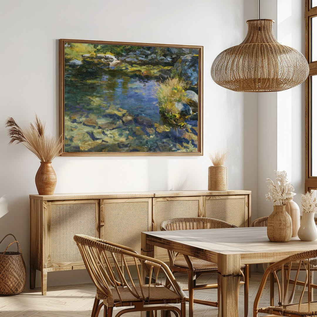 Immerse yourself in the serene beauty of a gentle stream, captured with vibrant and soothing hues. for Dining