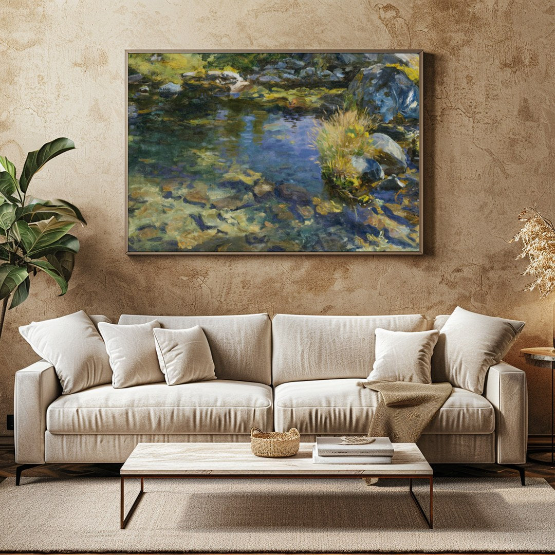 Immerse yourself in the serene beauty of a gentle stream, captured with vibrant and soothing hues. for Family Room