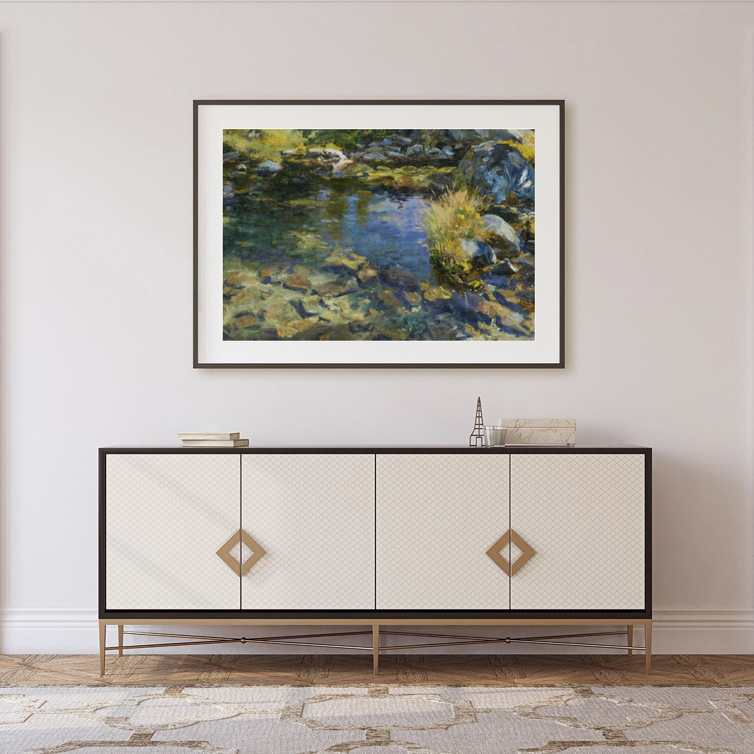 Immerse yourself in the serene beauty of a gentle stream, captured with vibrant and soothing hues. for Foyer