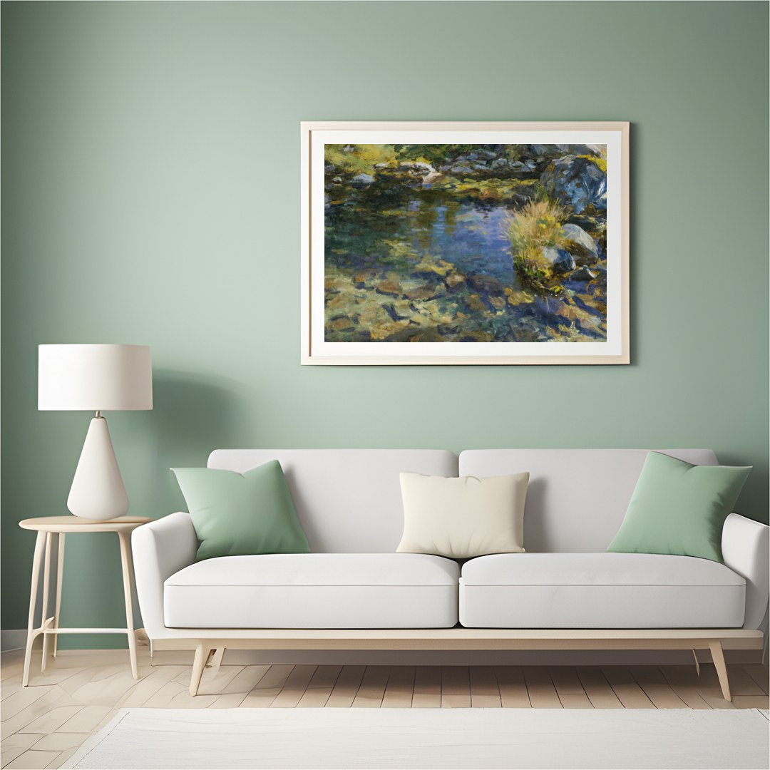 Immerse yourself in the serene beauty of a gentle stream, captured with vibrant and soothing hues. for Hall