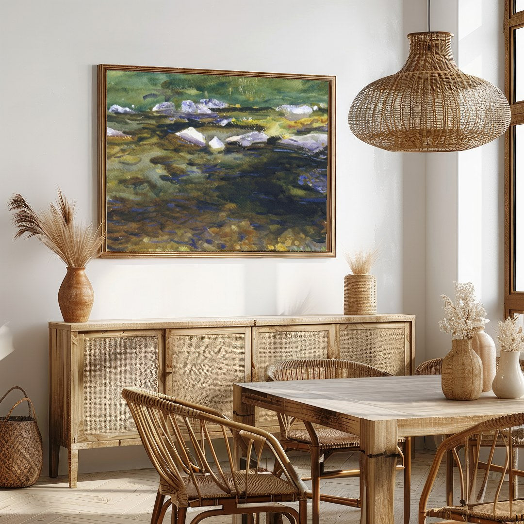 This captivating watercolor painting captures the serene beauty of a meandering stream at dusk. for Dining
