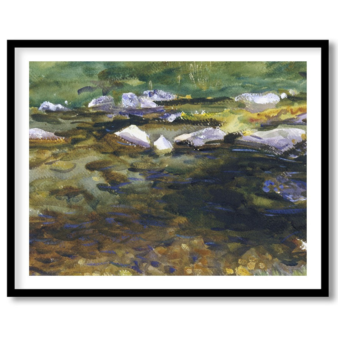 This captivating watercolor painting captures the serene beauty of a meandering stream at dusk. for dwelling
