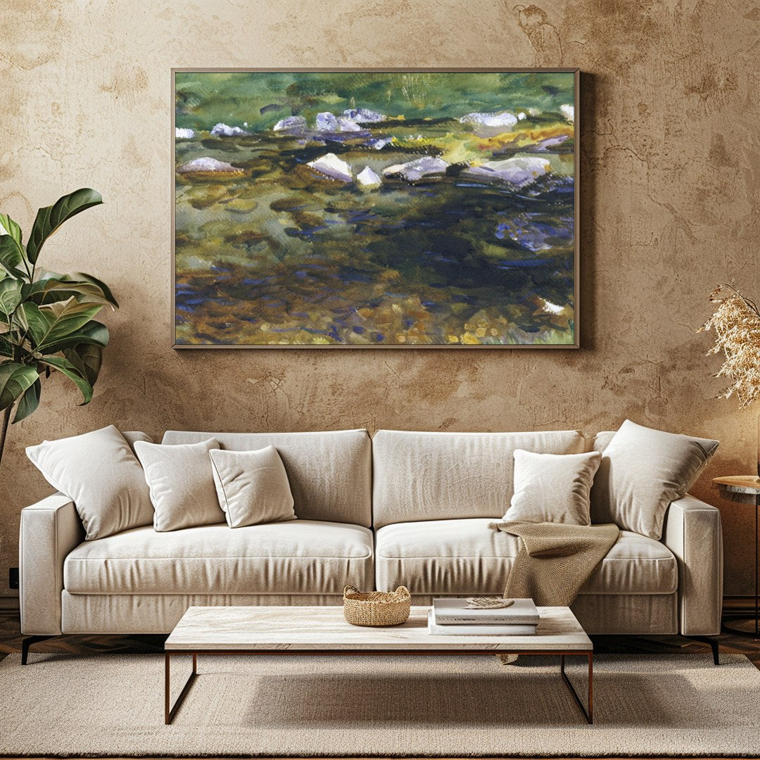 This captivating watercolor painting captures the serene beauty of a meandering stream at dusk. for Family Room