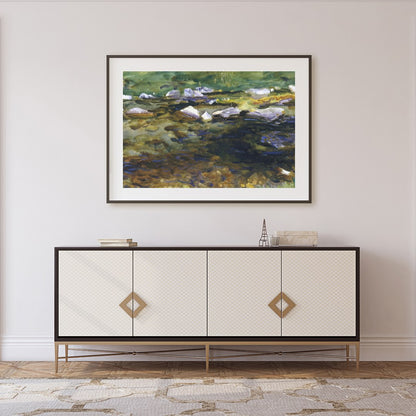 This captivating watercolor painting captures the serene beauty of a meandering stream at dusk. for Foyer