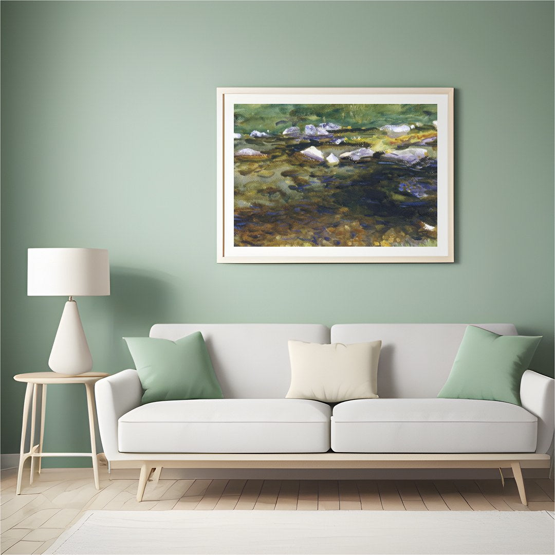 This captivating watercolor painting captures the serene beauty of a meandering stream at dusk. for Hall
