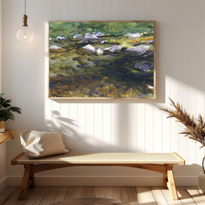 This captivating watercolor painting captures the serene beauty of a meandering stream at dusk. for Hallway
