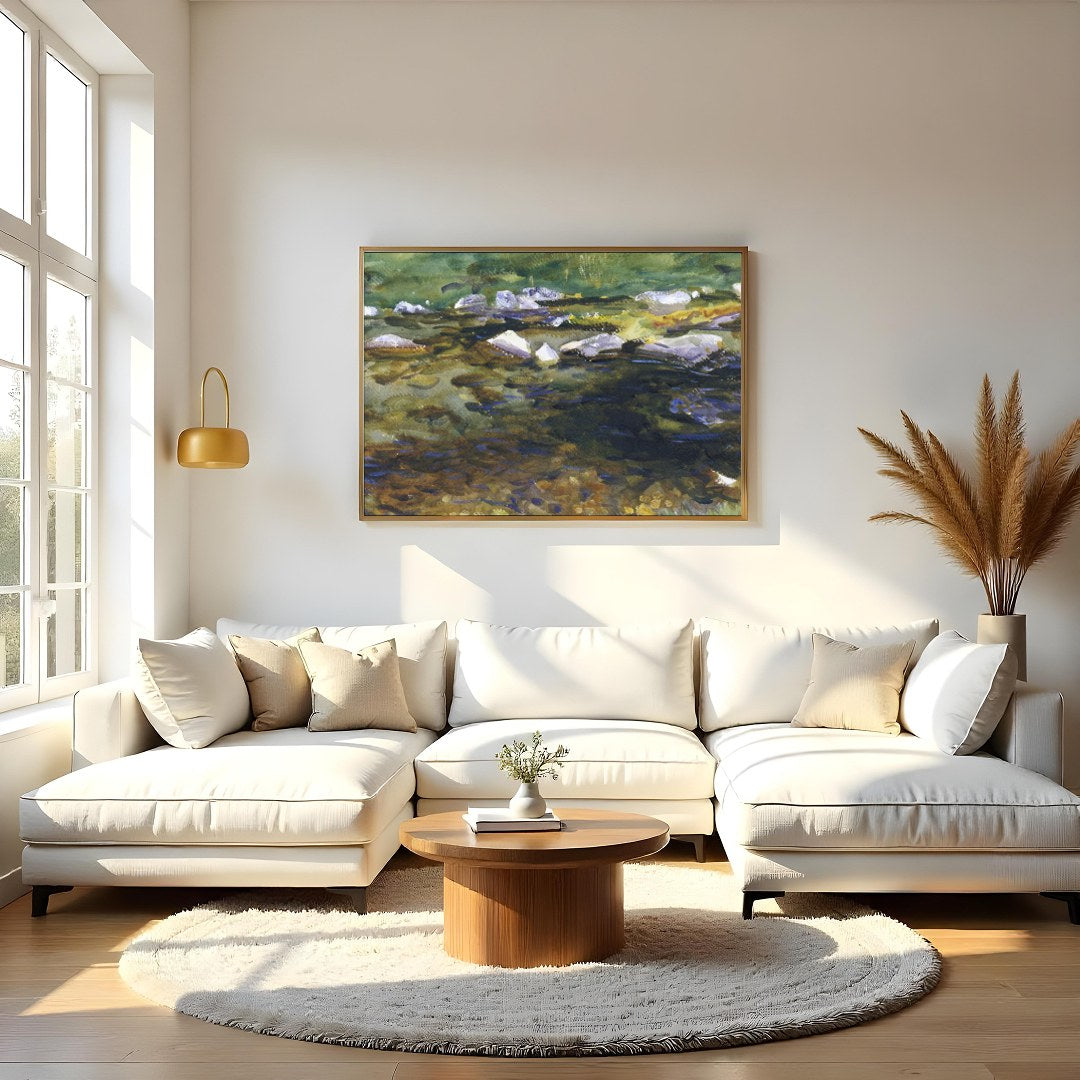 This captivating watercolor painting captures the serene beauty of a meandering stream at dusk. for Living Room
