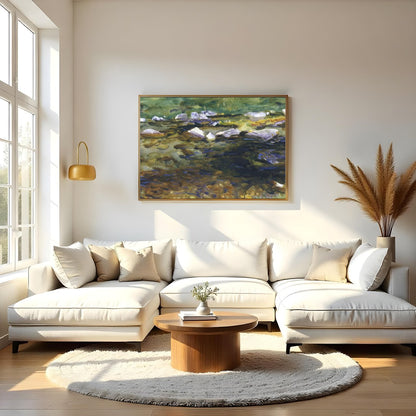 This captivating watercolor painting captures the serene beauty of a meandering stream at dusk. for Living Room