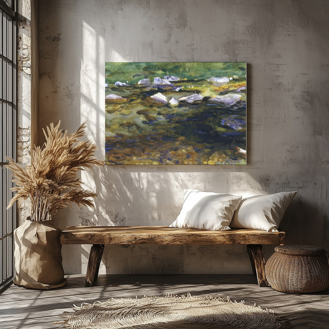 This captivating watercolor painting captures the serene beauty of a meandering stream at dusk. for Veranda
