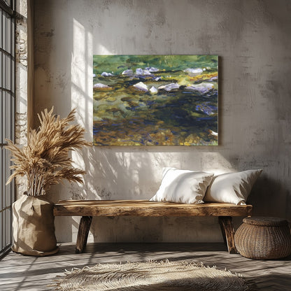 This captivating watercolor painting captures the serene beauty of a meandering stream at dusk. for Veranda