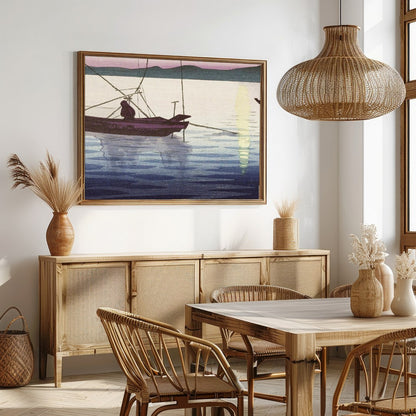 This artwork captures the serene beauty of a tranquil sunrise over calm waters, with traditional for Dining