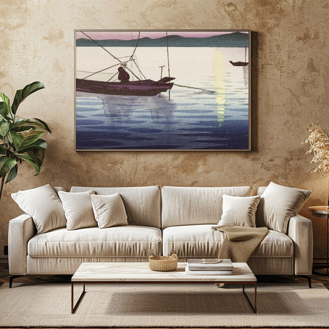 This artwork captures the serene beauty of a tranquil sunrise over calm waters, with traditional for Family Room