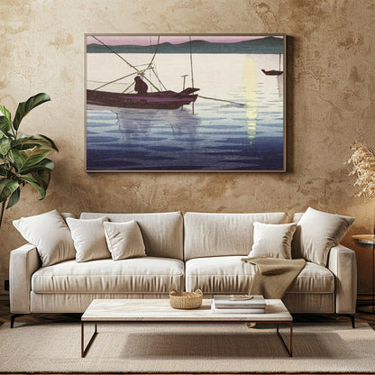 This artwork captures the serene beauty of a tranquil sunrise over calm waters, with traditional for Family Room