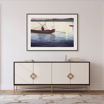 This artwork captures the serene beauty of a tranquil sunrise over calm waters, with traditional for Foyer