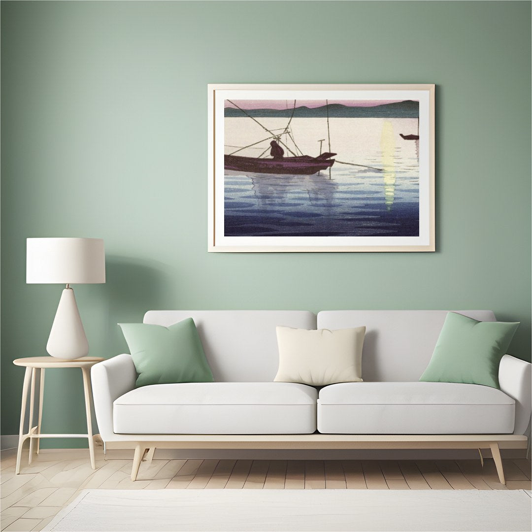 This artwork captures the serene beauty of a tranquil sunrise over calm waters, with traditional for Hall