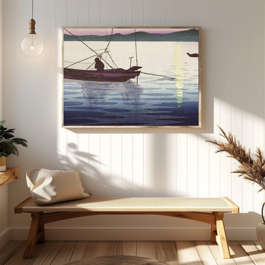 This artwork captures the serene beauty of a tranquil sunrise over calm waters, with traditional for Hallway