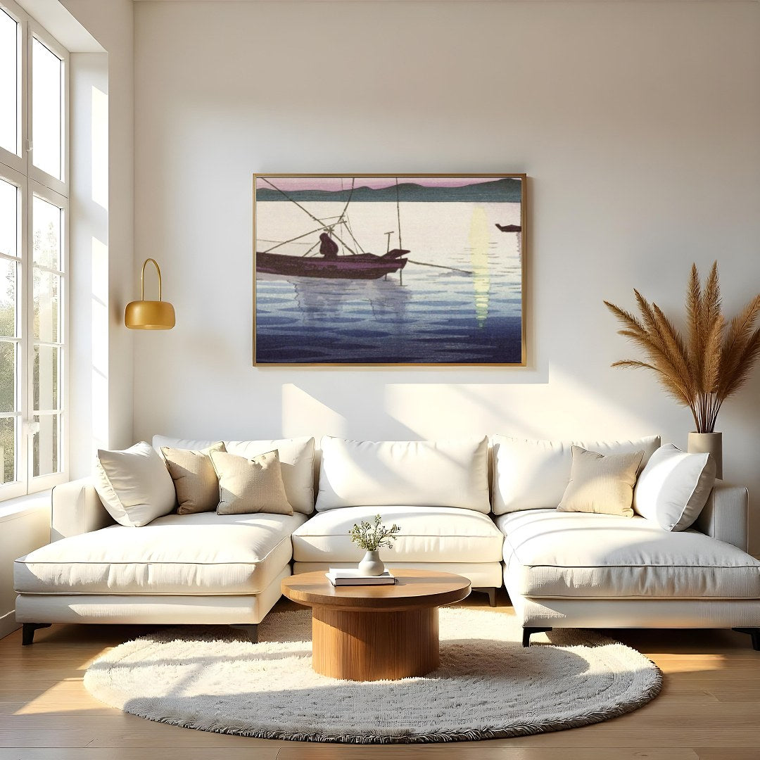 This artwork captures the serene beauty of a tranquil sunrise over calm waters, with traditional for Living Room