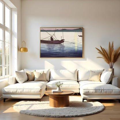 This artwork captures the serene beauty of a tranquil sunrise over calm waters, with traditional for Living Room