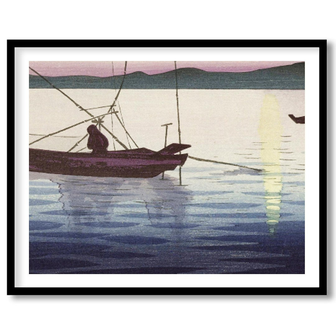 This artwork captures the serene beauty of a tranquil sunrise over calm waters, with traditional for residence