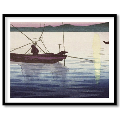 This artwork captures the serene beauty of a tranquil sunrise over calm waters, with traditional for residence