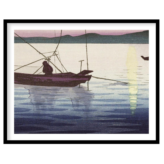 This artwork captures the serene beauty of a tranquil sunrise over calm waters, with traditional for residence