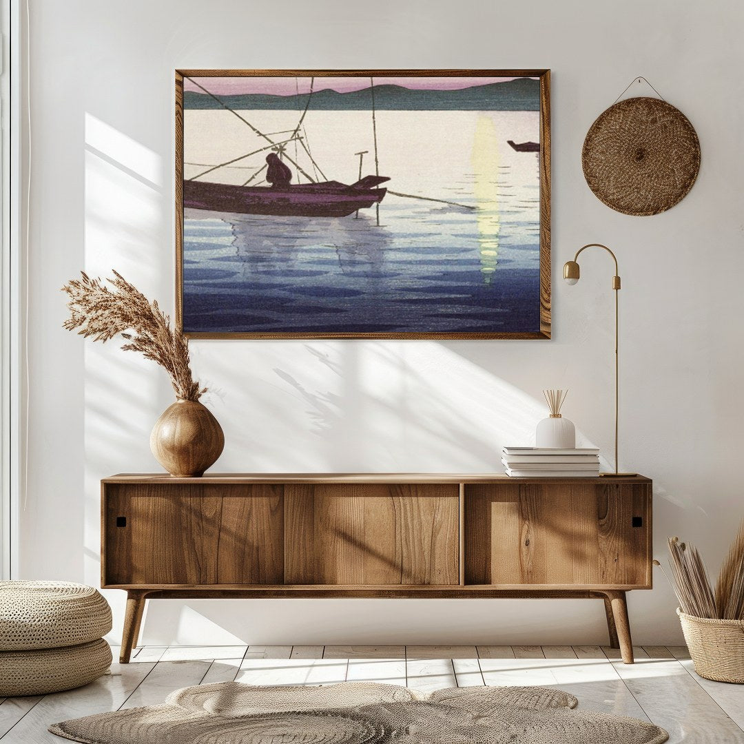 This artwork captures the serene beauty of a tranquil sunrise over calm waters, with traditional for Sitting Area