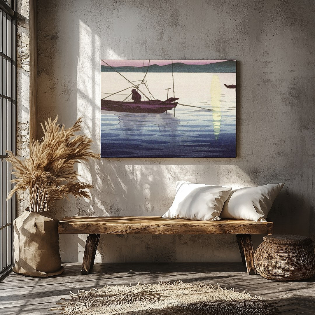 This artwork captures the serene beauty of a tranquil sunrise over calm waters, with traditional for Veranda