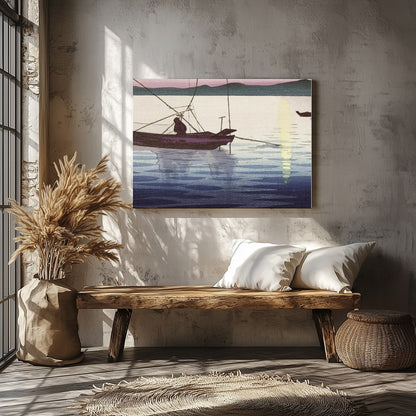 This artwork captures the serene beauty of a tranquil sunrise over calm waters, with traditional for Veranda