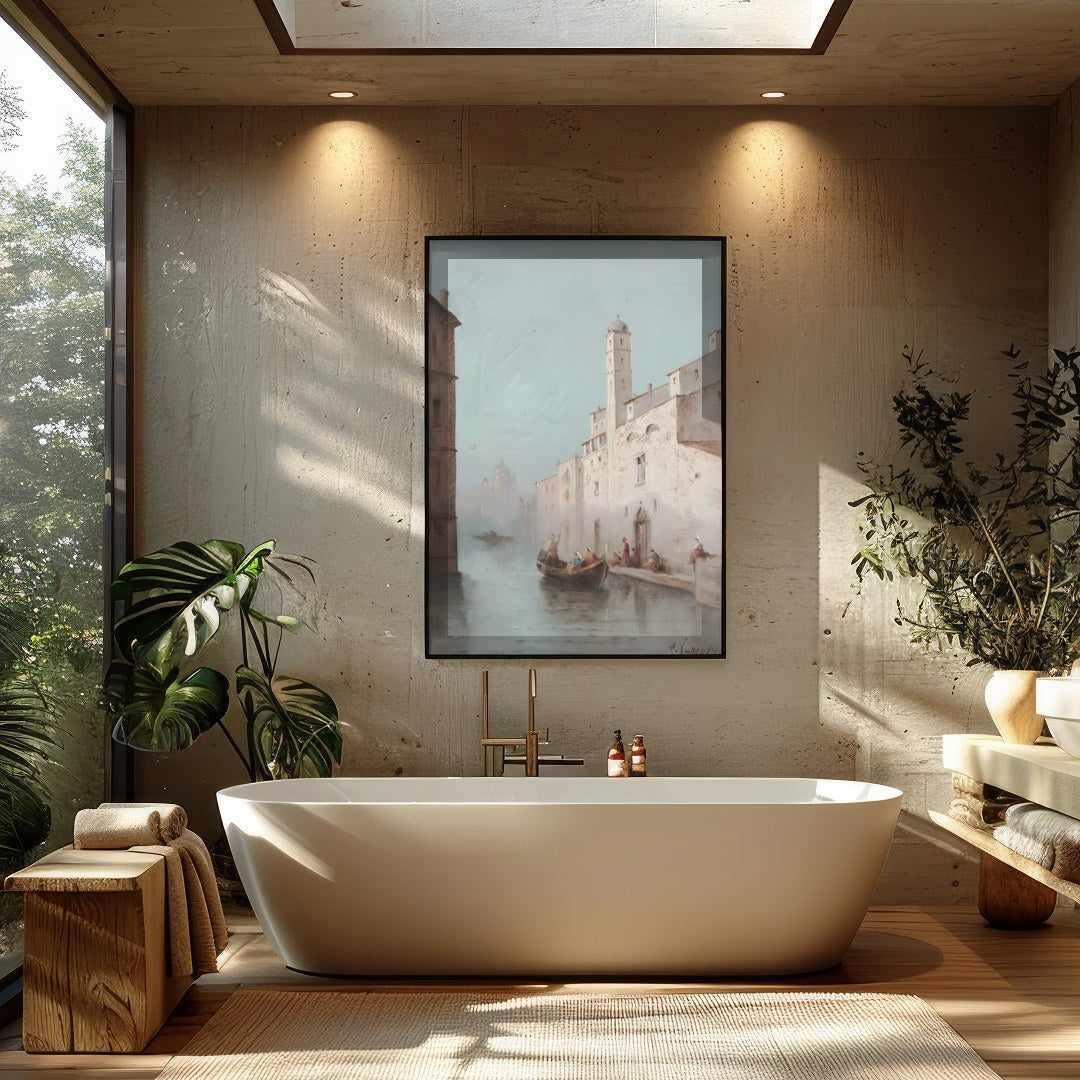 Immerse yourself in the serenity of a Venetian canal with this exquisite artwork. Capturing the for Bathroom