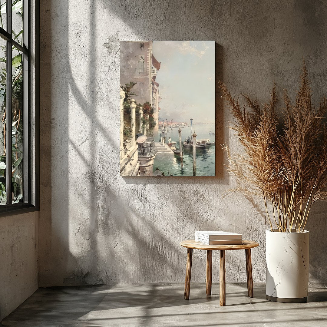 This captivating artwork captures the serene beauty of Venice's iconic waterways, basking under a for Entrance