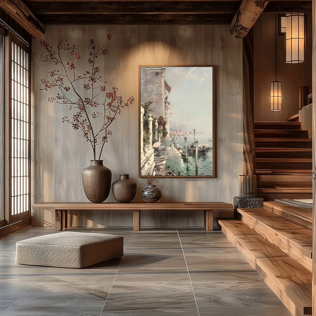This captivating artwork captures the serene beauty of Venice's iconic waterways, basking under a for Hall