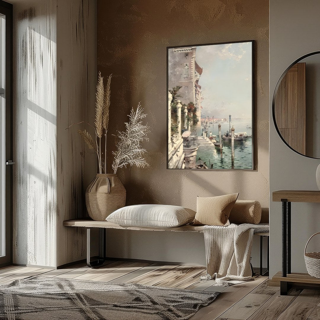 This captivating artwork captures the serene beauty of Venice's iconic waterways, basking under a for living-space