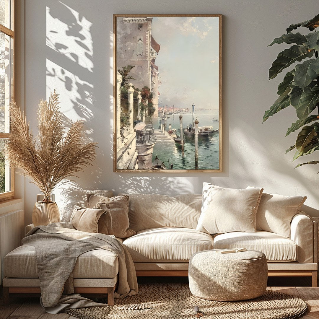 This captivating artwork captures the serene beauty of Venice's iconic waterways, basking under a for Sitting Area