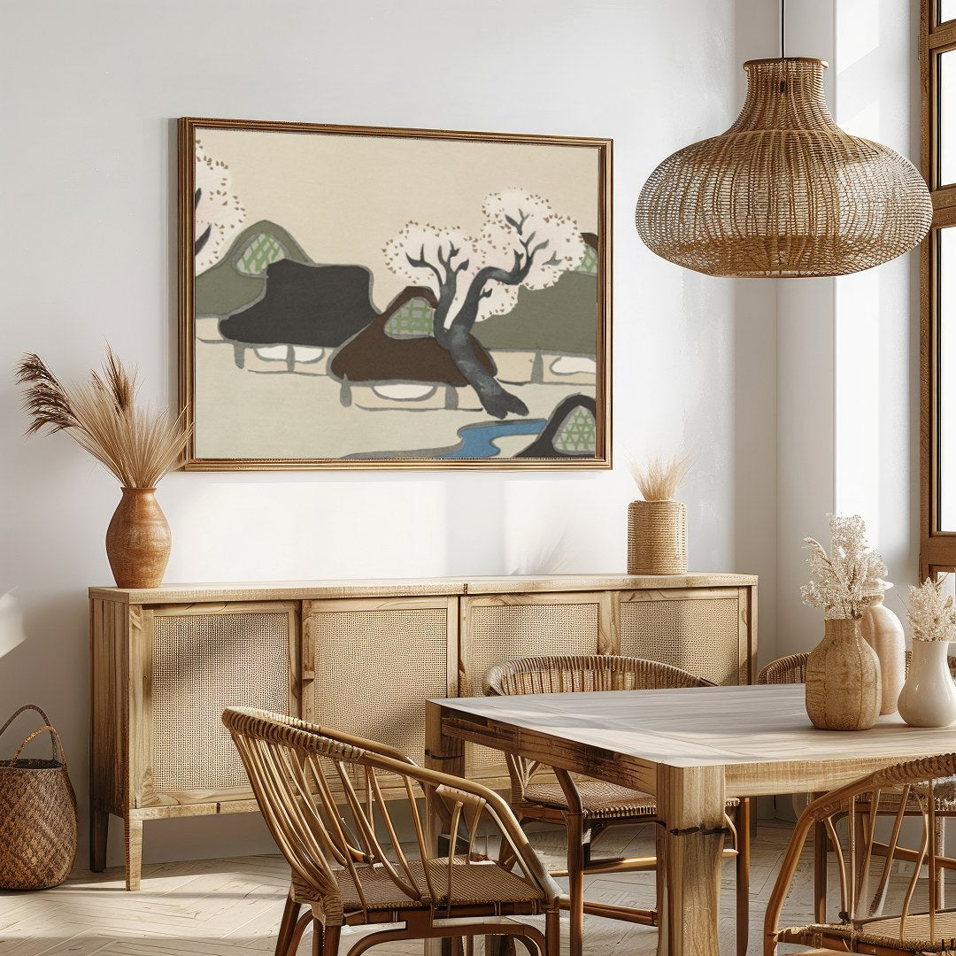 Capture the serene beauty of traditional village life with this exquisite artwork. Soft pastels and for Dining