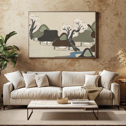 Capture the serene beauty of traditional village life with this exquisite artwork. Soft pastels and for Family Room