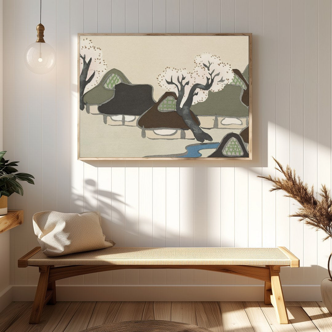Capture the serene beauty of traditional village life with this exquisite artwork. Soft pastels and for Hallway