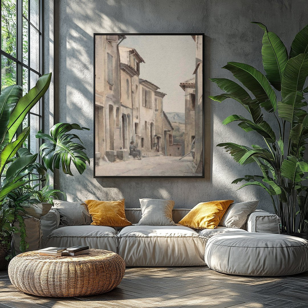Immerse yourself in the serenity of a timeless European street with this exquisite watercolor for Balcony