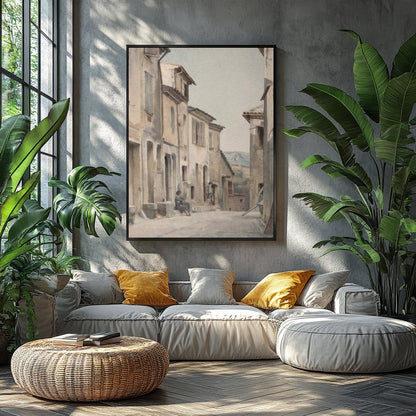 Immerse yourself in the serenity of a timeless European street with this exquisite watercolor for Balcony