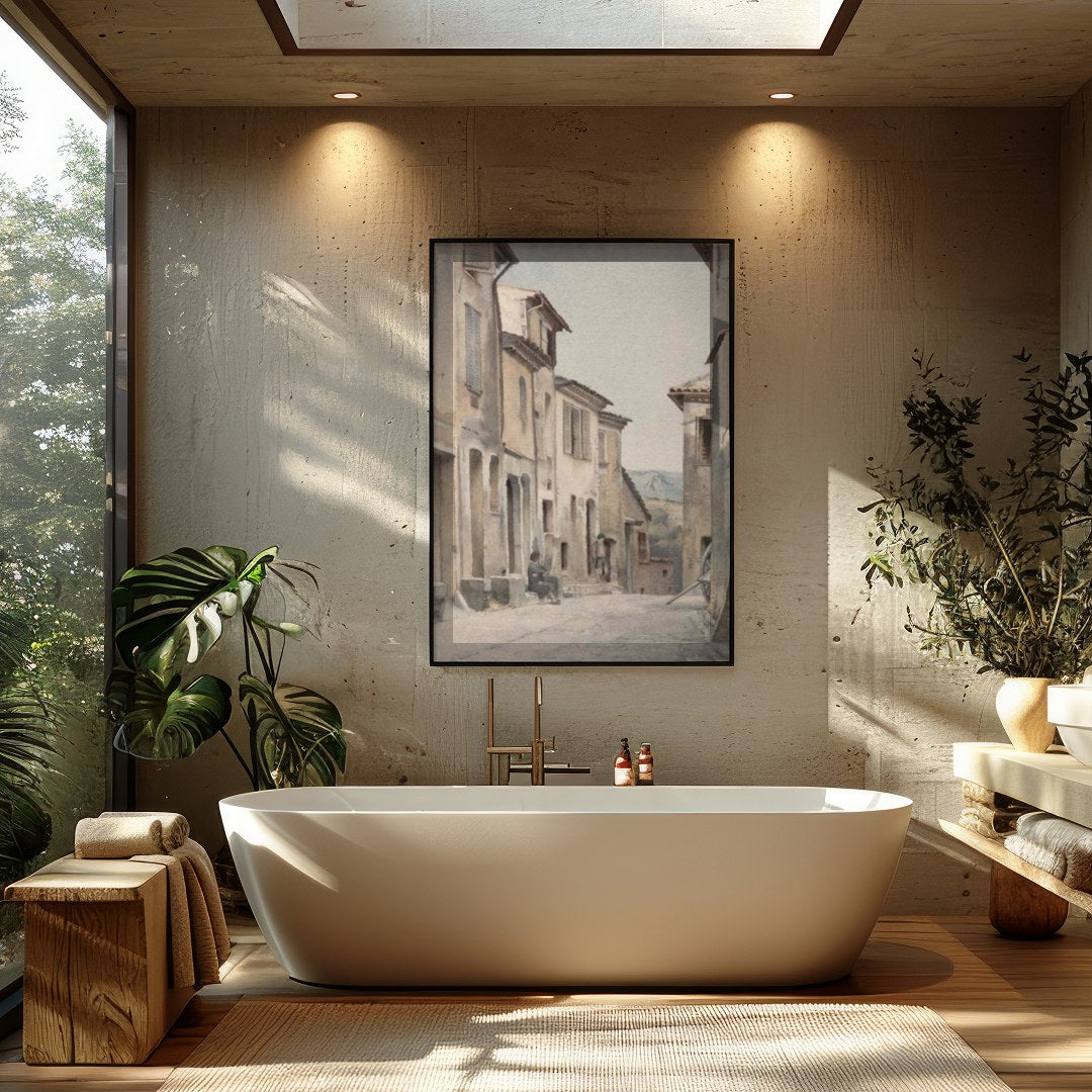 Immerse yourself in the serenity of a timeless European street with this exquisite watercolor for Bathroom