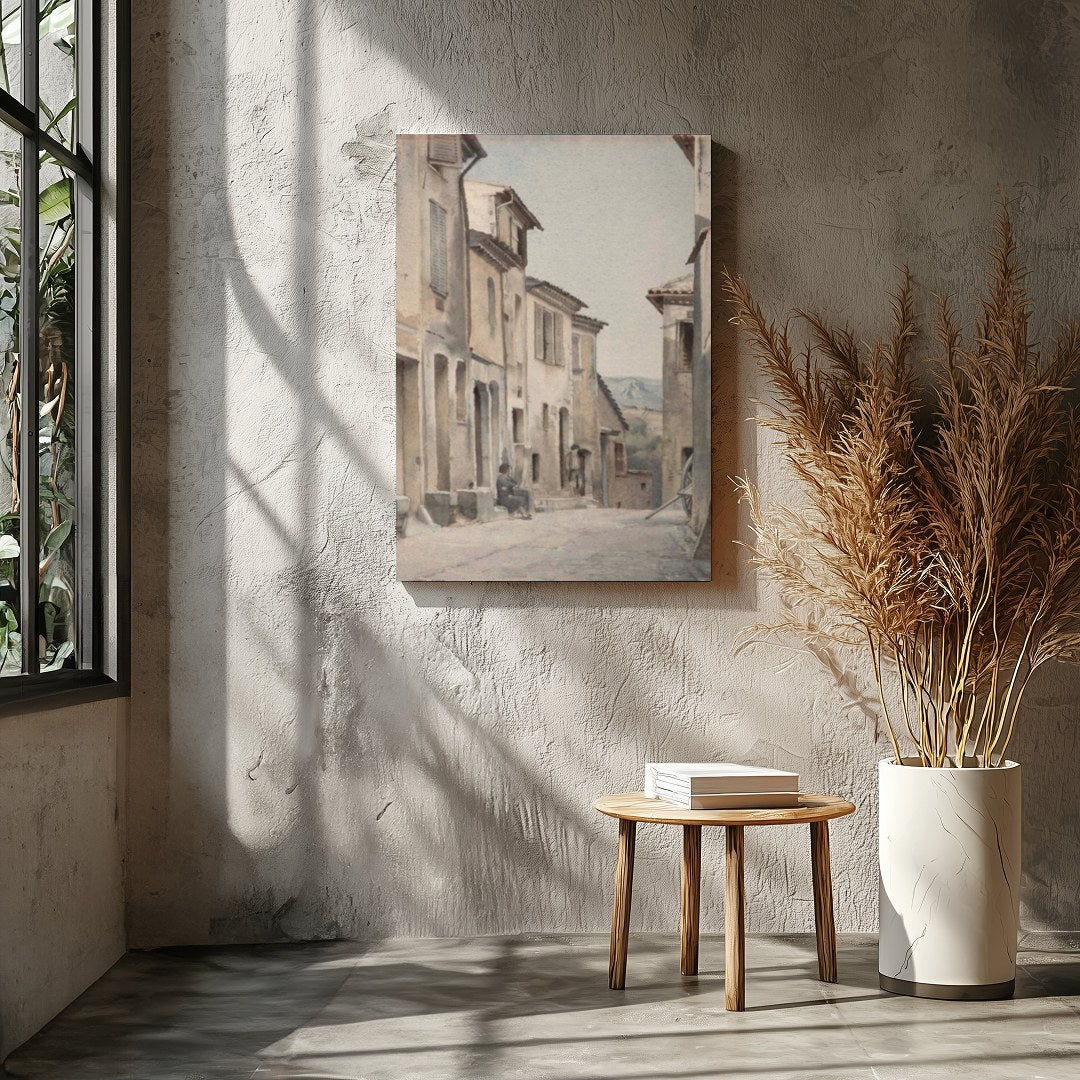 Immerse yourself in the serenity of a timeless European street with this exquisite watercolor for Entrance