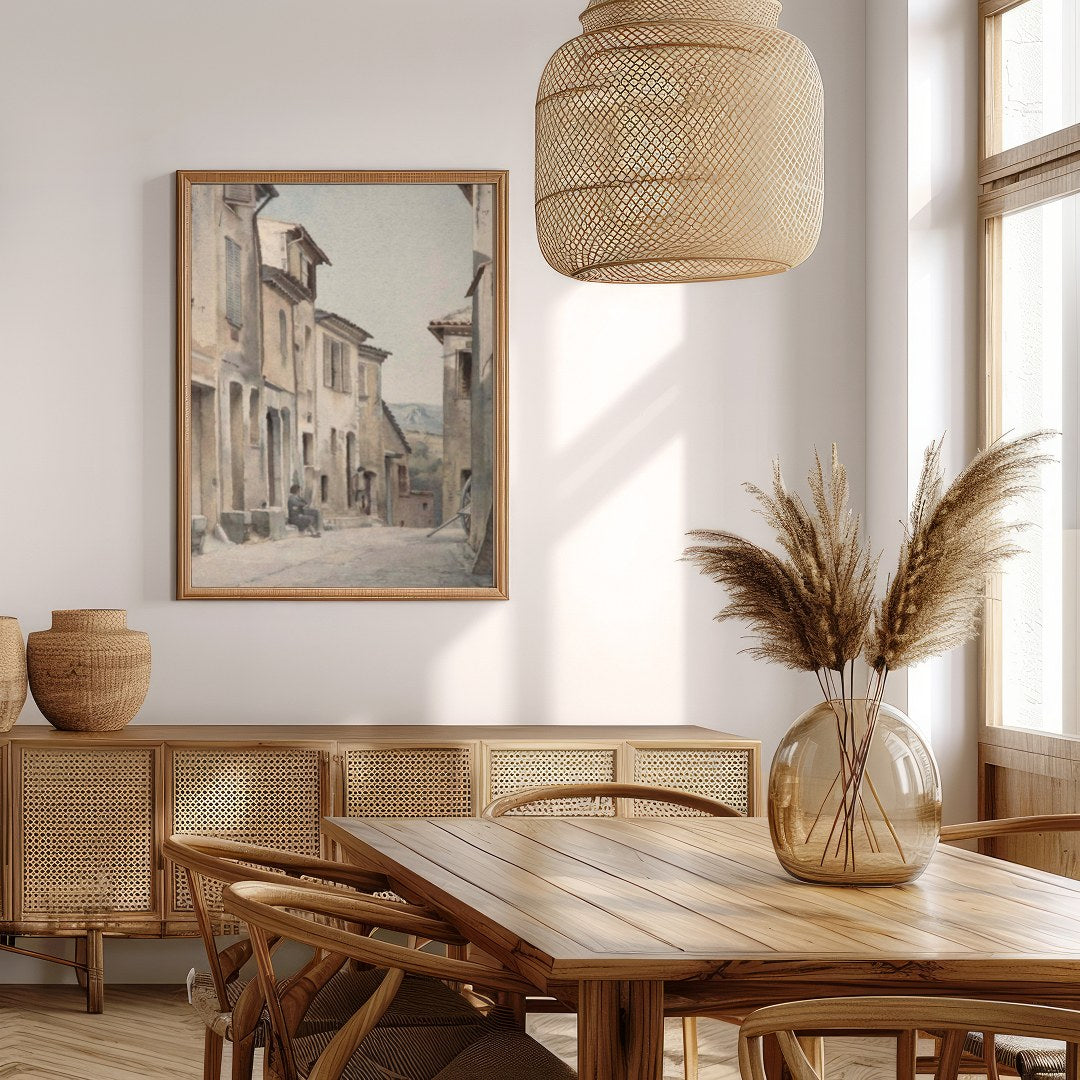 Immerse yourself in the serenity of a timeless European street with this exquisite watercolor for Extra Kitchen